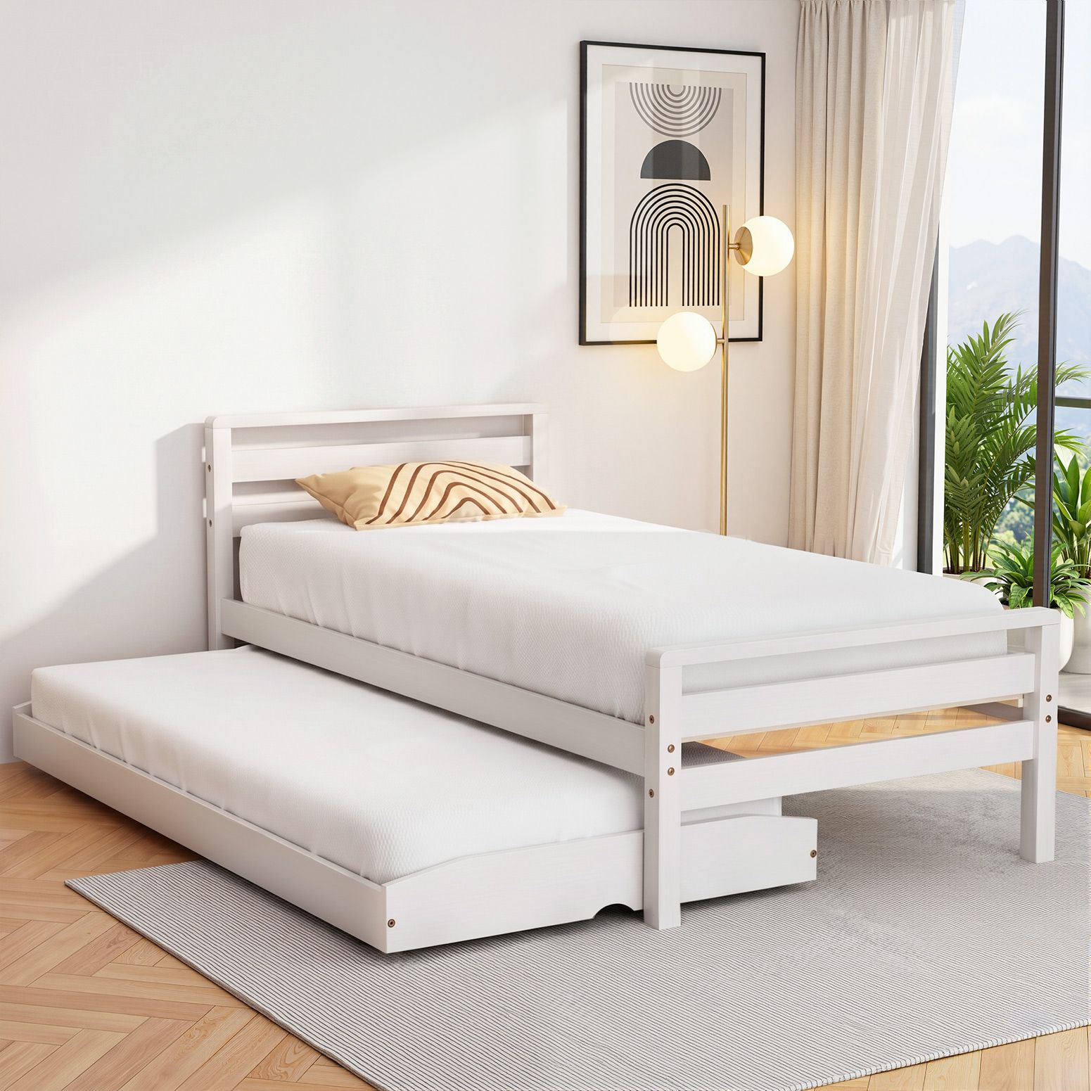 Single Size 2-in-1 Trundle Wooden Bed Frame White Avis