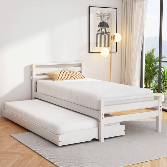 White colour - Single Size 2-in-1 Trundle Wooden Bed Frame White Avis