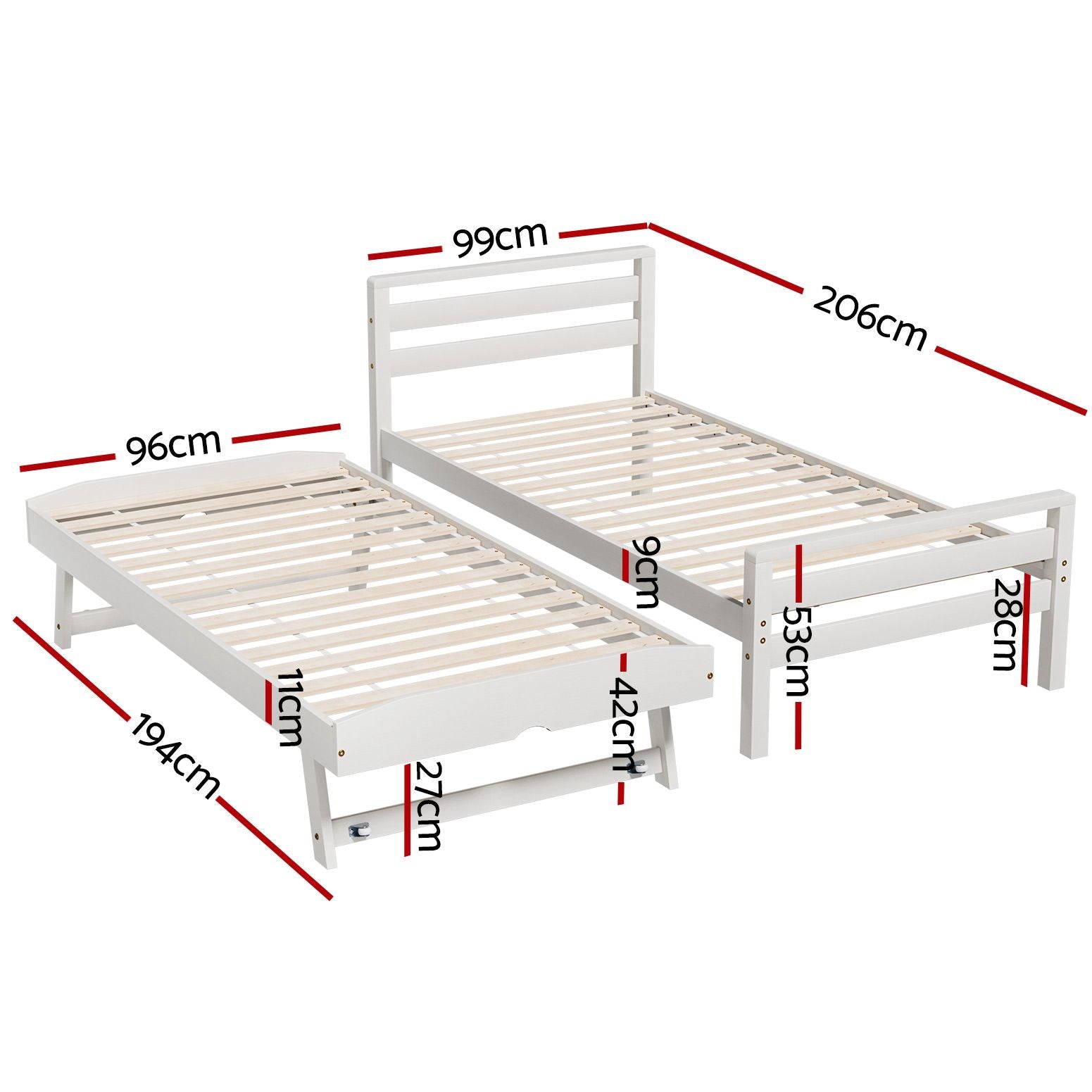 Single Size 2-in-1 Trundle Wooden Bed Frame White Avis