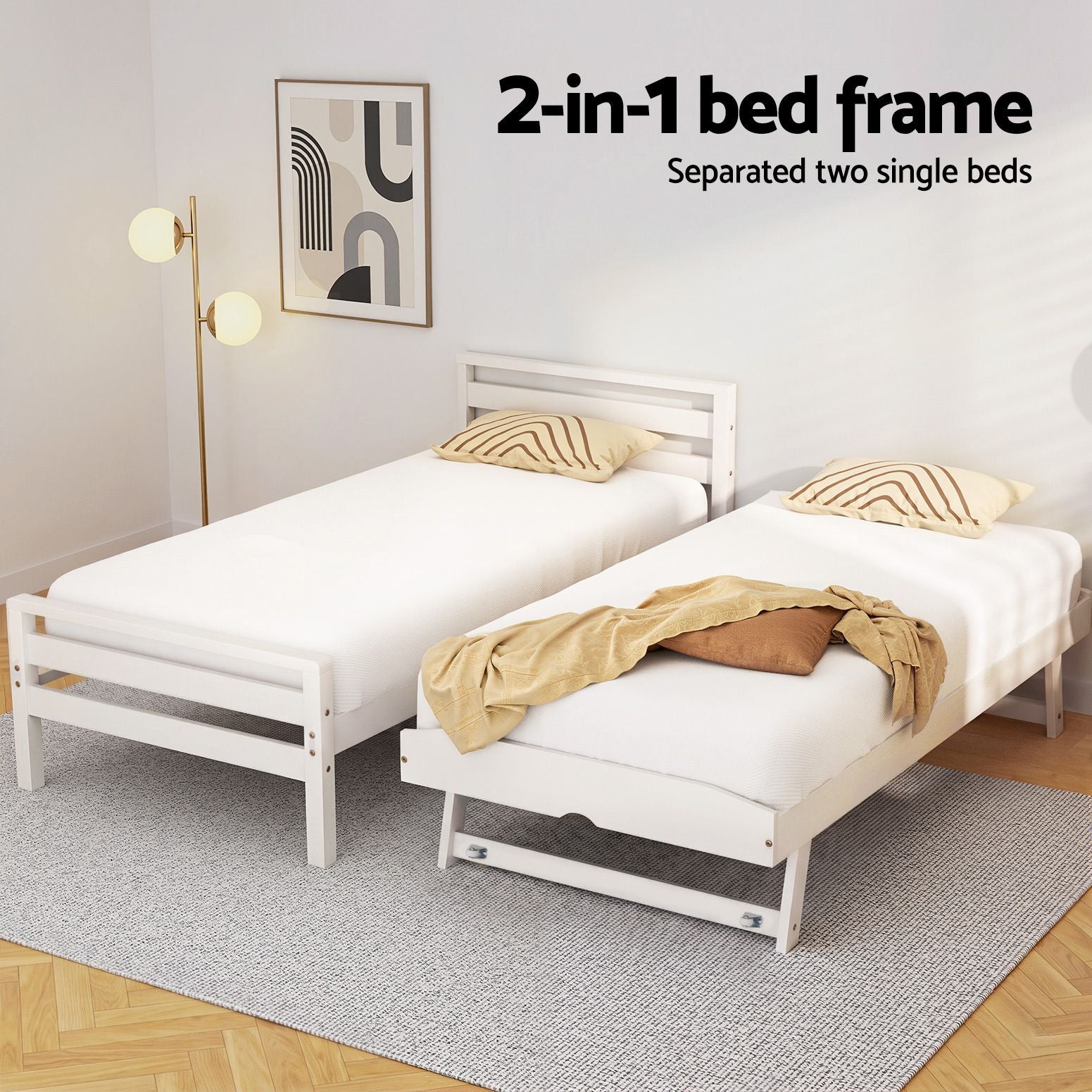 Single Size 2-in-1 Trundle Wooden Bed Frame White Avis