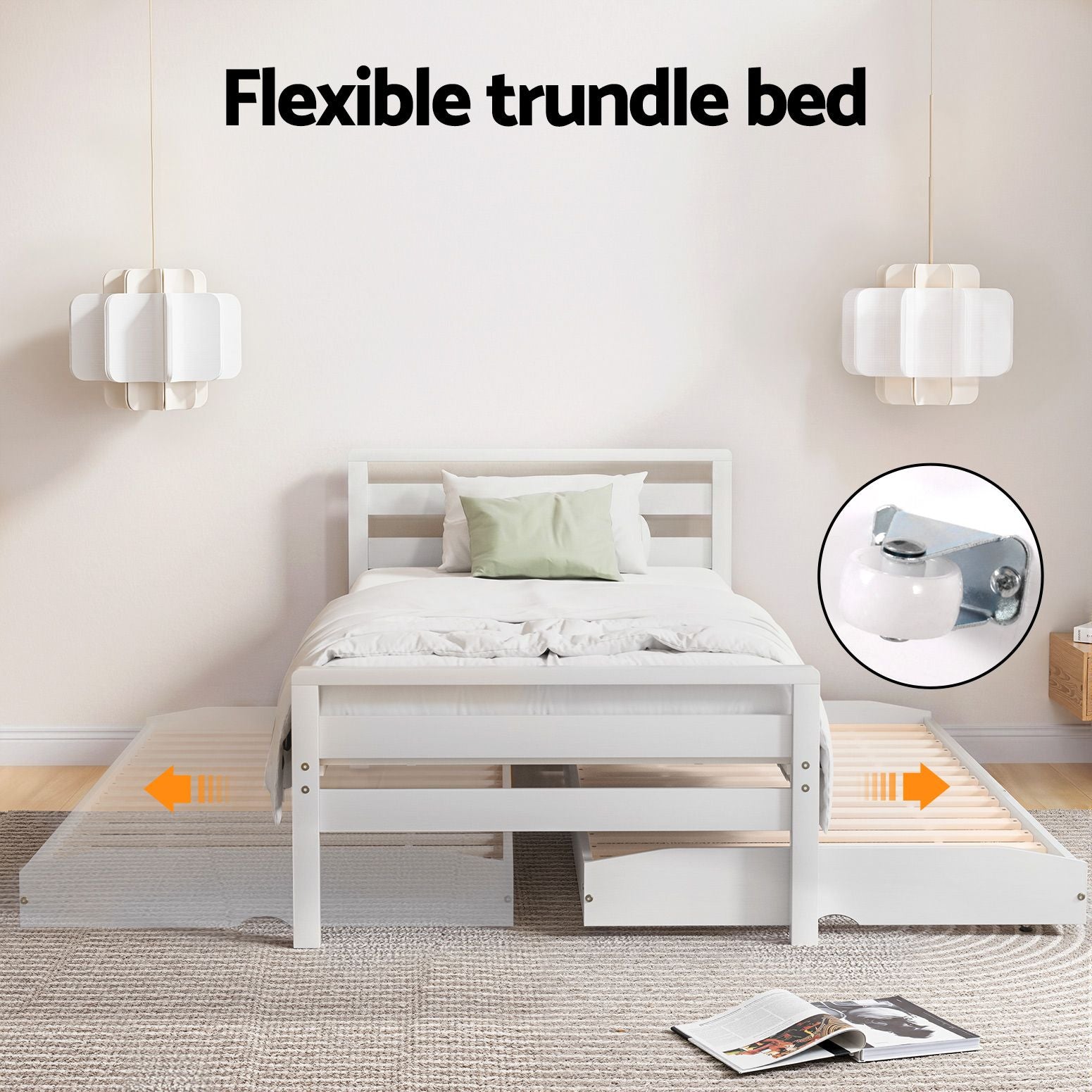 Single Size 2-in-1 Trundle Wooden Bed Frame White Avis