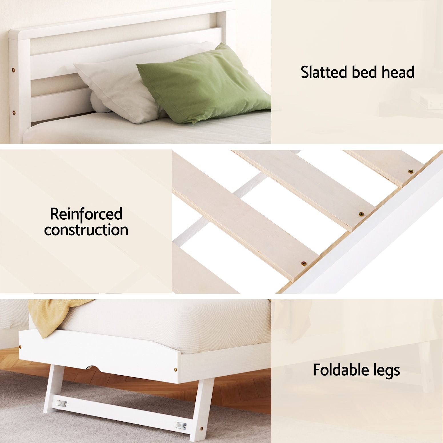 Single Size 2-in-1 Trundle Wooden Bed Frame White Avis