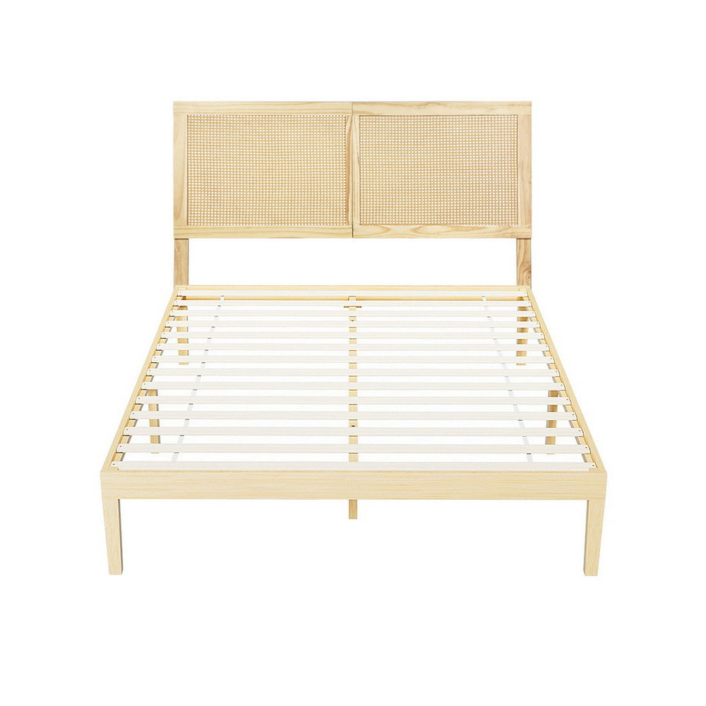 Bed Frame With Rattan Headboard Wooden Bed Base-Double Size | Rattan finish