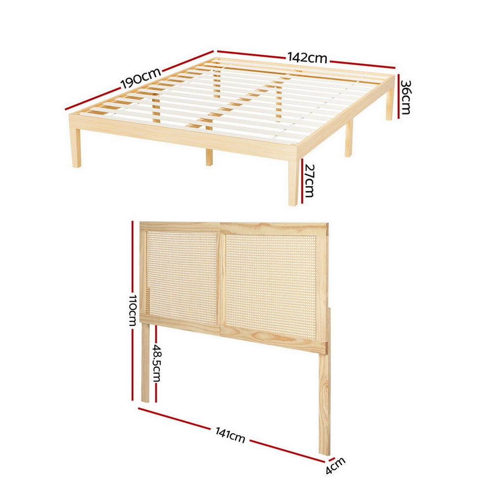 Bed Frame With Rattan Headboard Wooden Bed Base-Double Size, Rattan finish