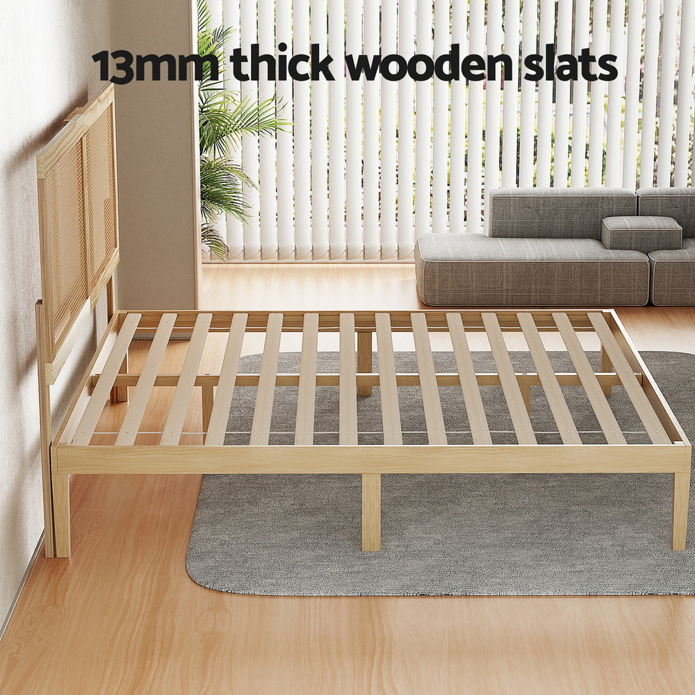 Bed Frame With Rattan Headboard Wooden Bed Base-Double Size