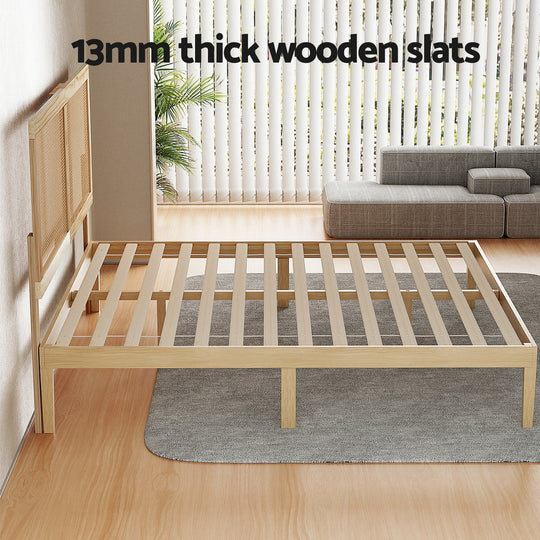 Bed Frame With Rattan Headboard Wooden Bed Base-Double Size