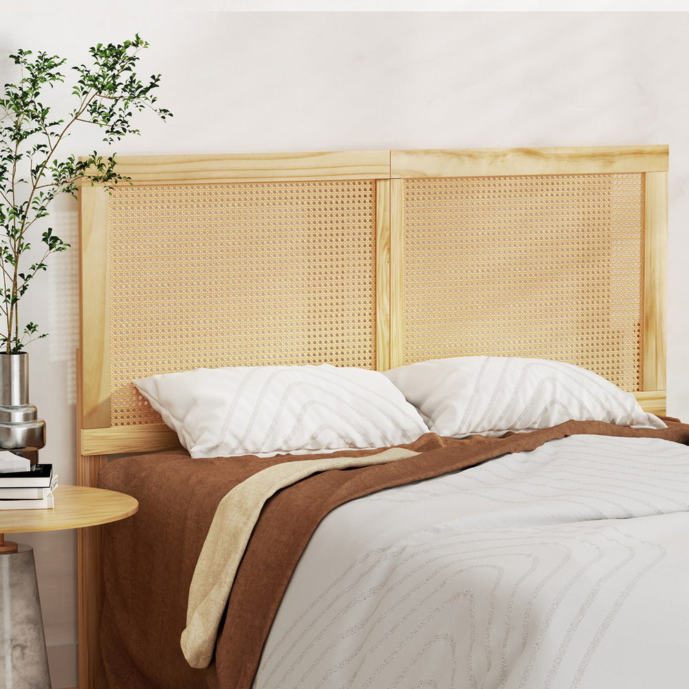 Rattan finish - Bed Frame With Rattan Headboard Wooden Bed Base-Double Size