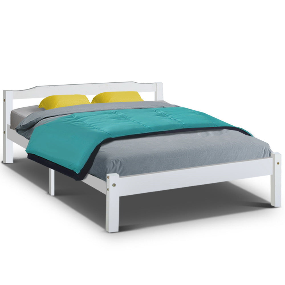 Bed Frame Double Solid Pine Wooden White with Trundle Storage Space