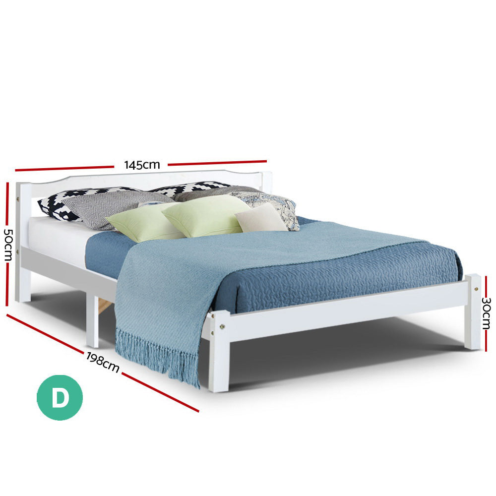Bed Frame Double Solid Pine Wooden White with Trundle Storage Space
