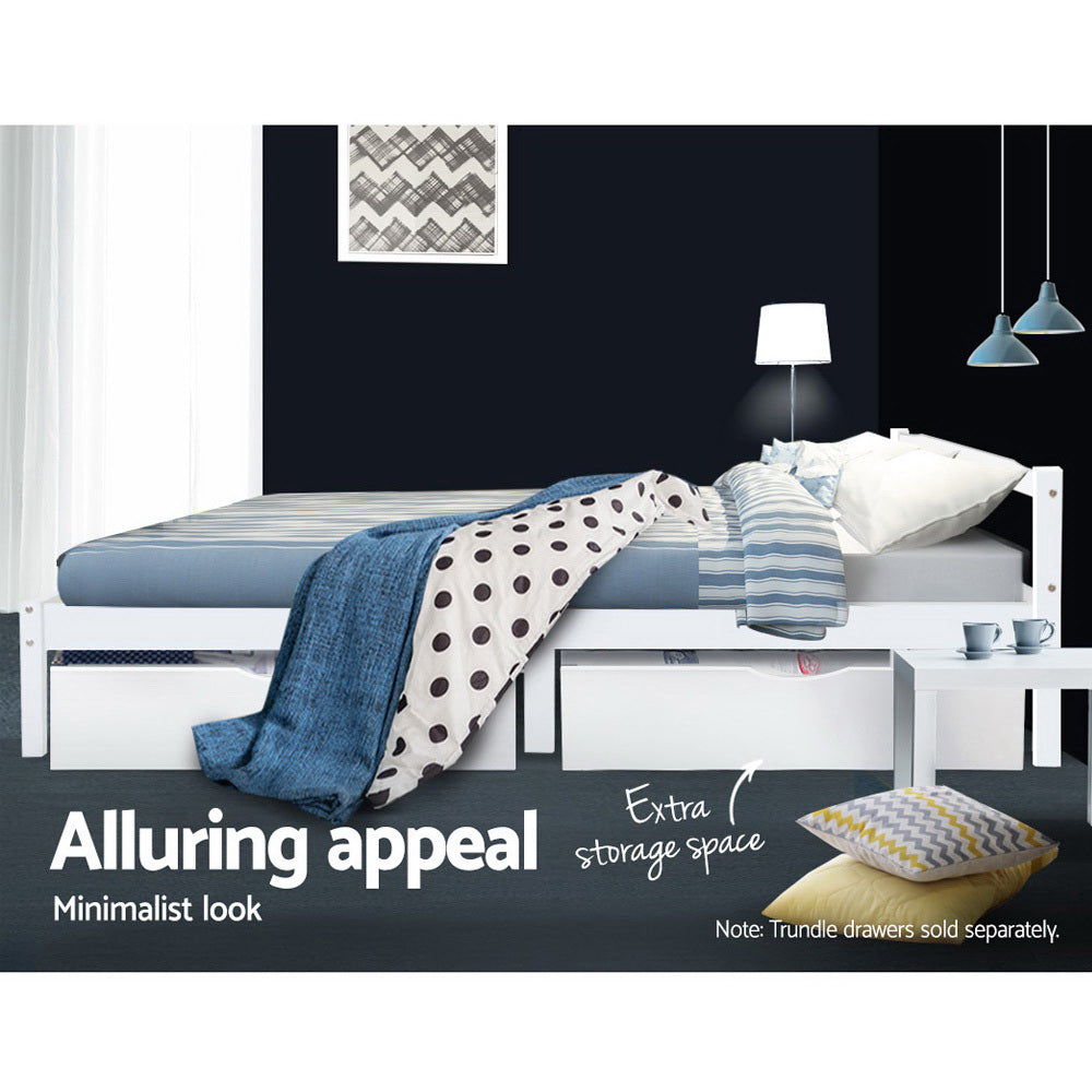 Bed Frame Double Solid Pine Wooden White with Trundle Storage Space