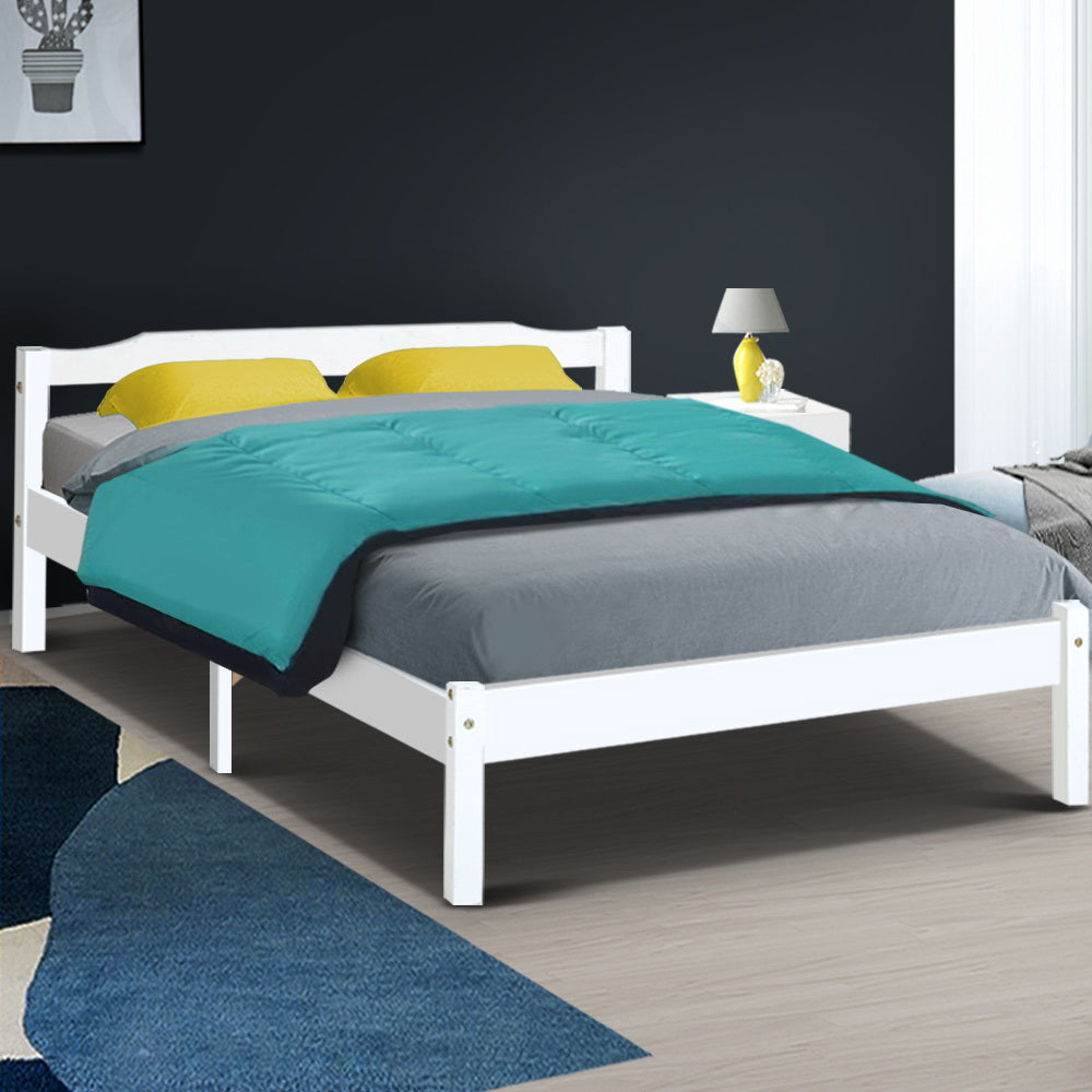 Bed Frame Double Solid Pine Wooden White with Trundle Storage Space