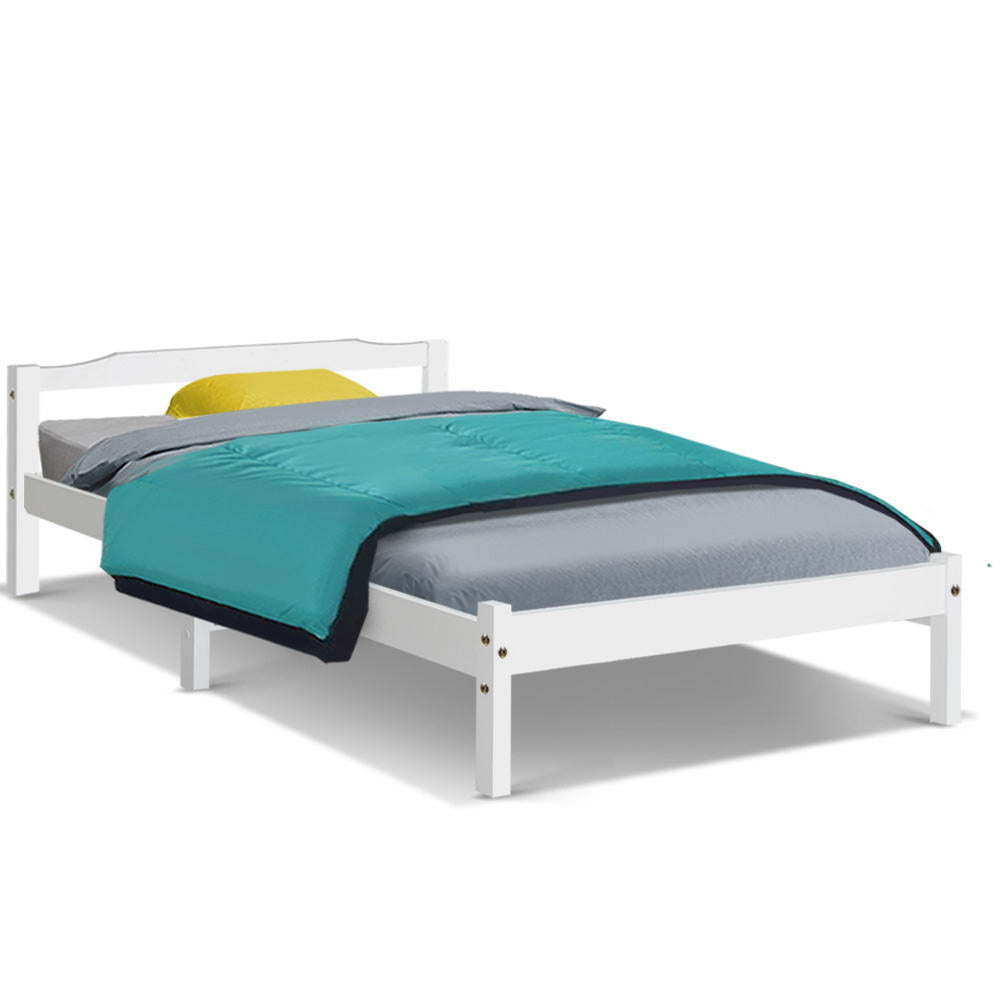 Bed Frame Single Size Wooden White With Plywood Slat Base