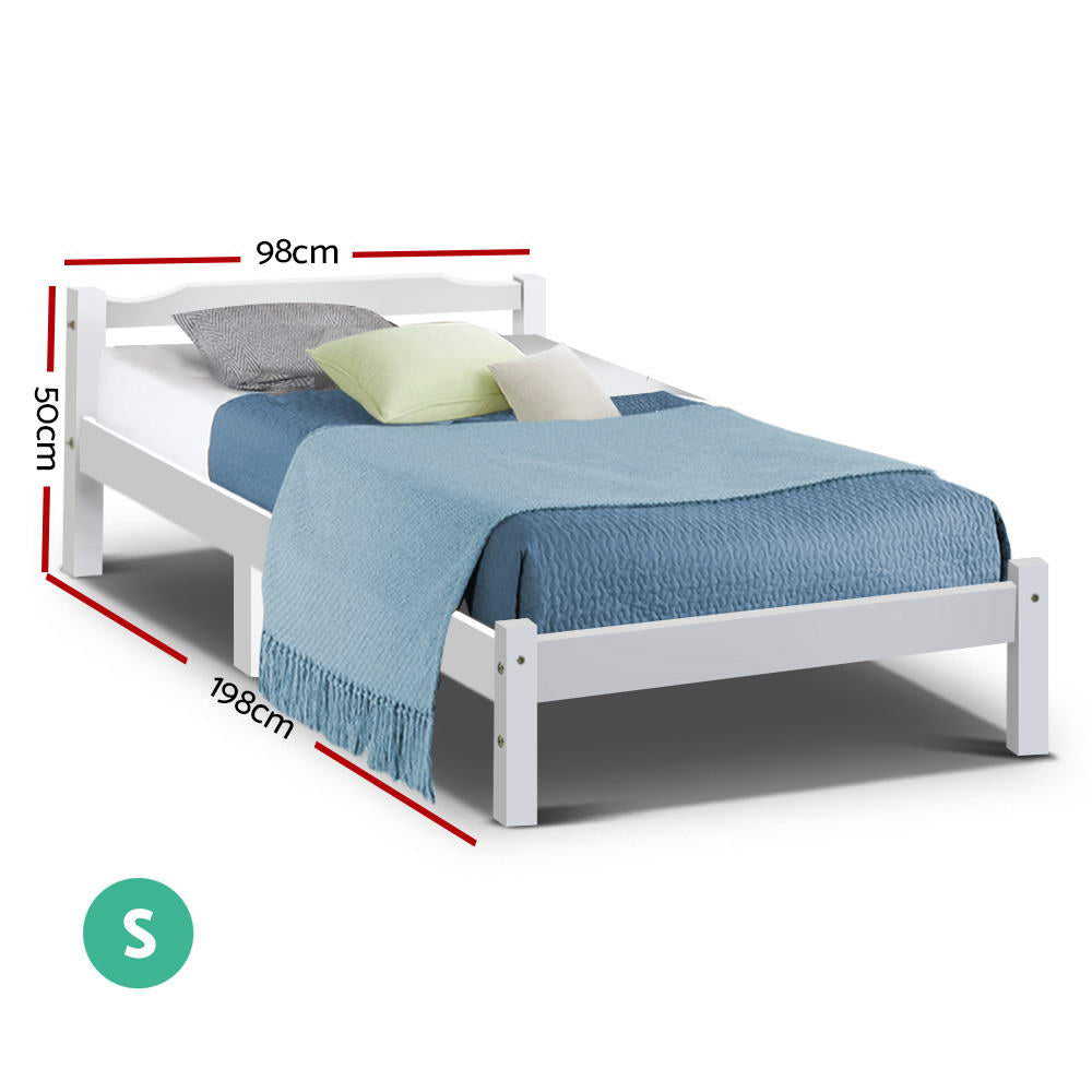 Bed Frame Single Size Wooden White With Plywood Slat Base