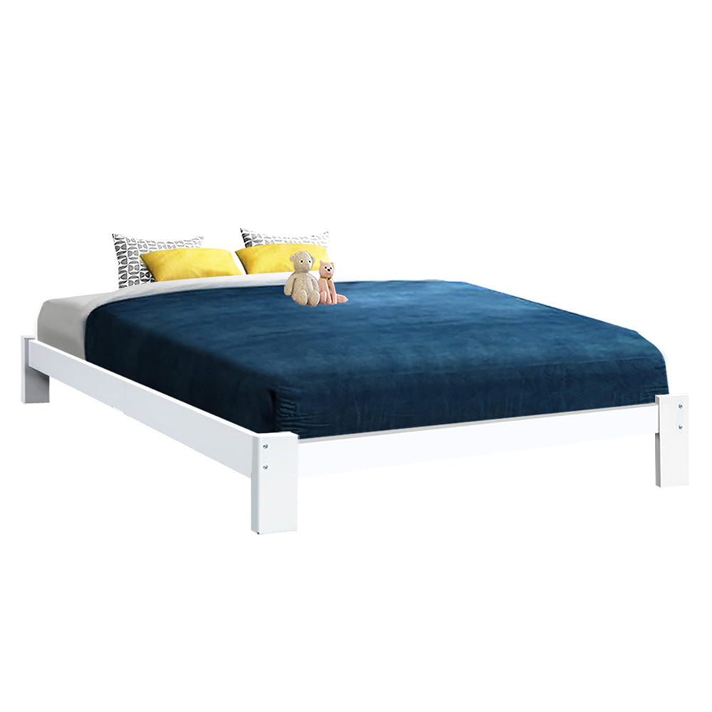 Queen Bed Frame Solid Pine Wood White with Storage Drawers