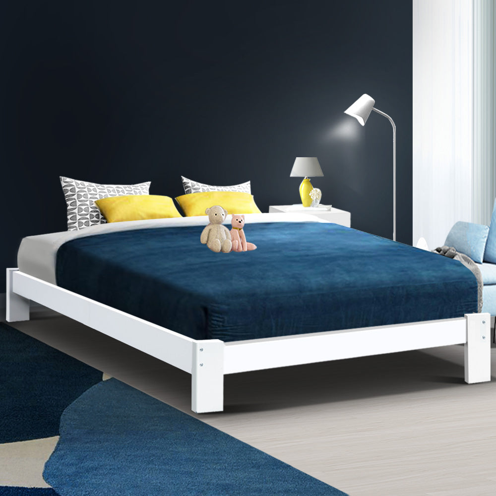 Queen Bed Frame Solid Pine Wood White with Storage Drawers