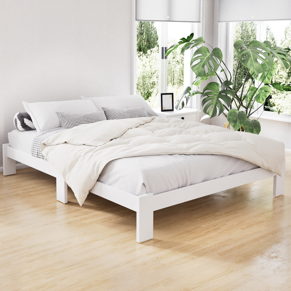 Queen Bed Frame Solid Pine Wood White with Storage Drawers