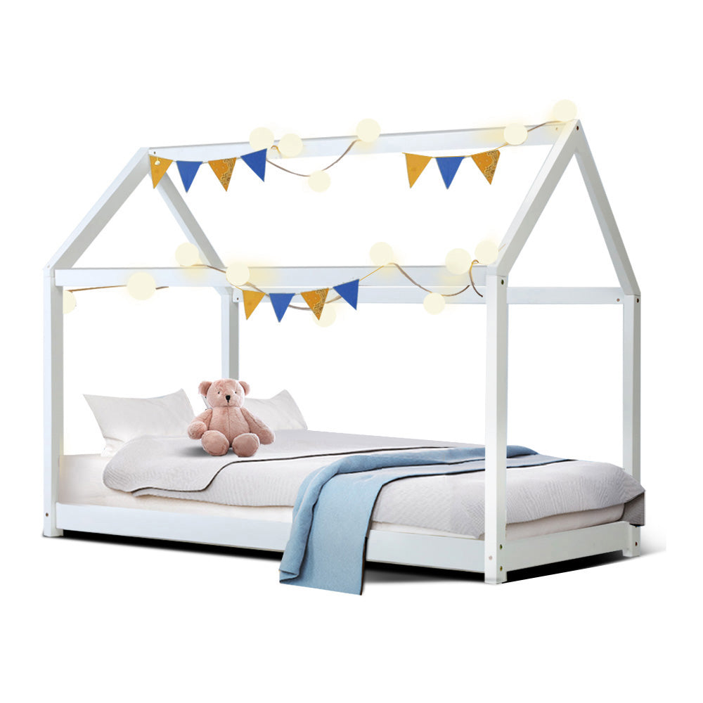 Bed Frame Kids House Solid Pine Wooden White Single Size