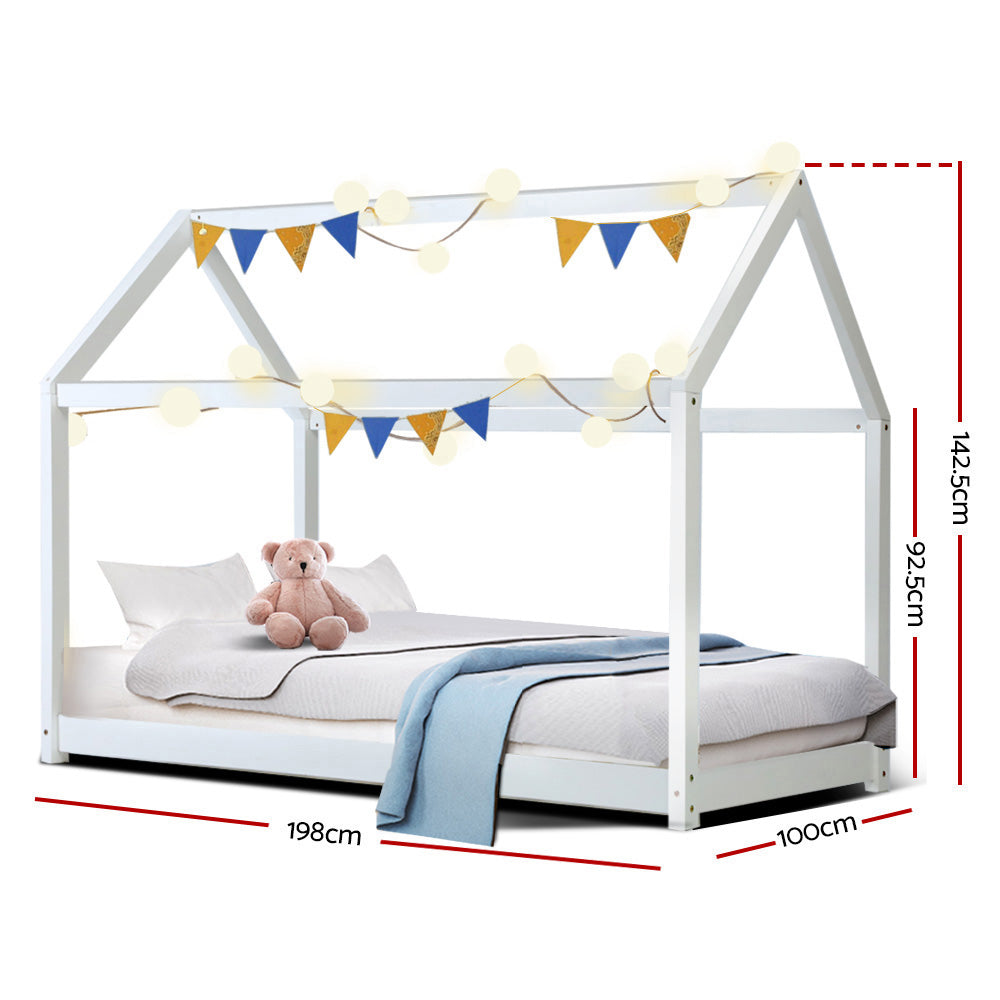 Bed Frame Kids House Solid Pine Wooden White Single Size