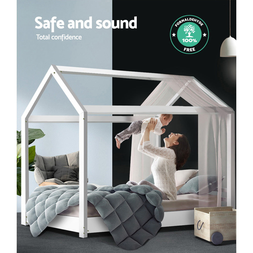 Bed Frame Kids House Solid Pine Wooden White Single Size
