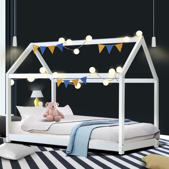 Bed Frame Kids House Solid Pine Wooden White Single Size - Artiss Mattress Base Timber