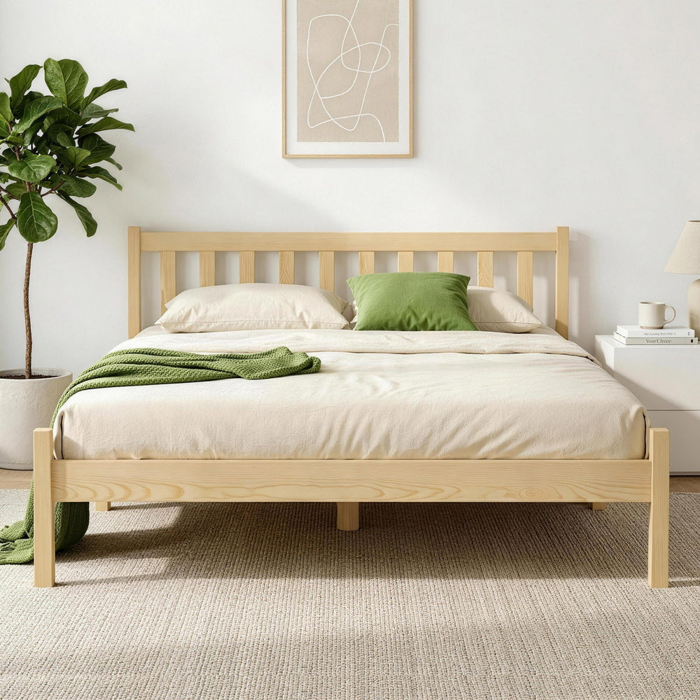 Bed Frame Wooden Double Size Bed Base Pine Timber Mattress Foundation Oak