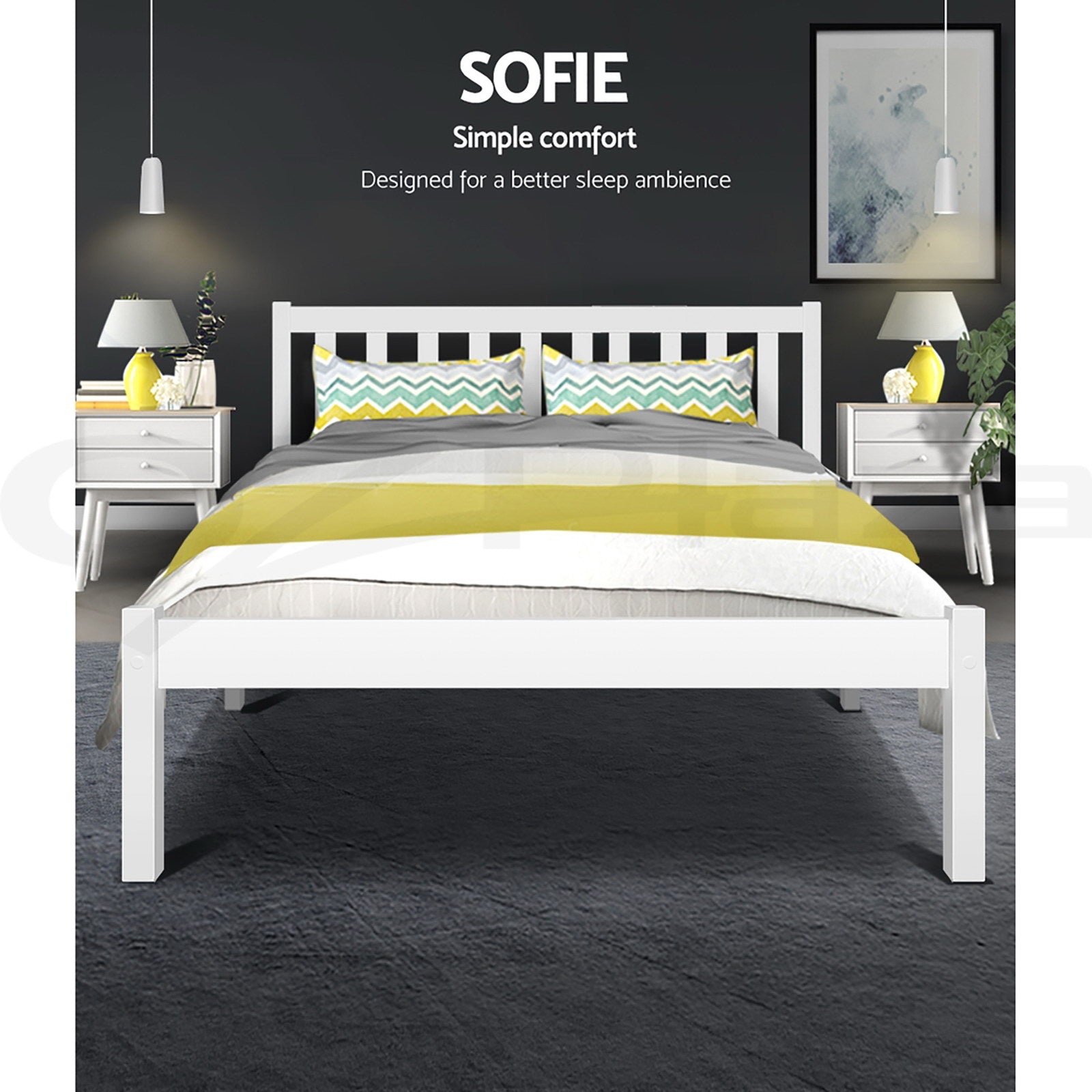 Queen Wooden Bed Frame Sofie Solid Pine White with Trundle Option