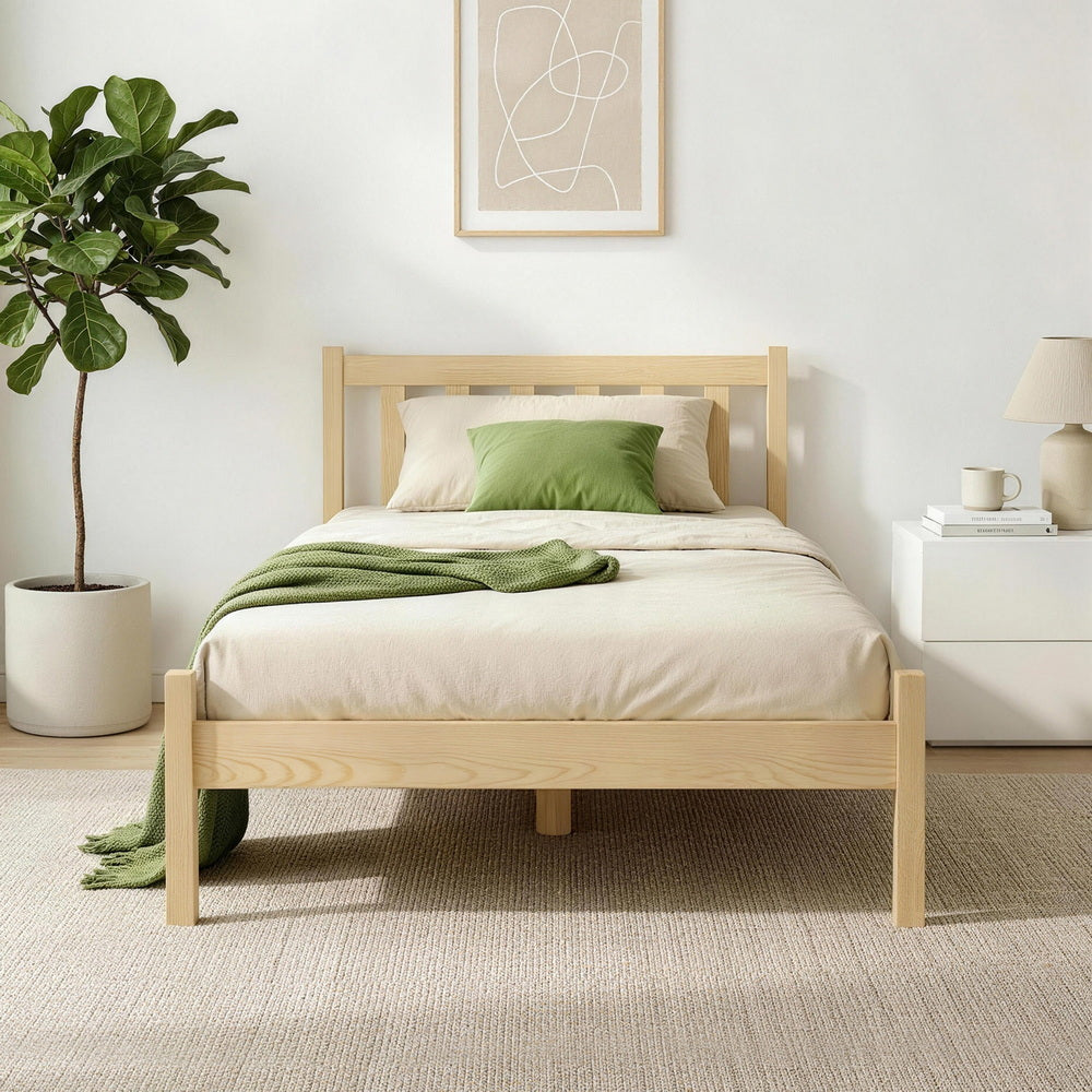 Single Wooden Bed Frame with Slatted Base Oak Pine Wood
