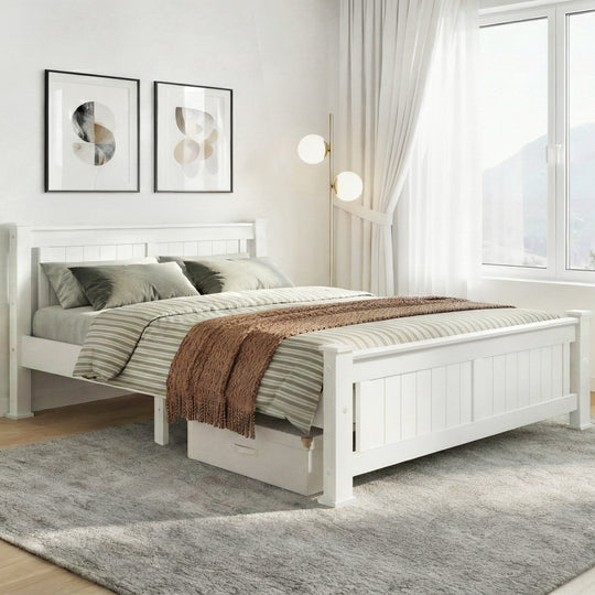 Wooden finish - Double Size Bed Frame Wooden Construction White