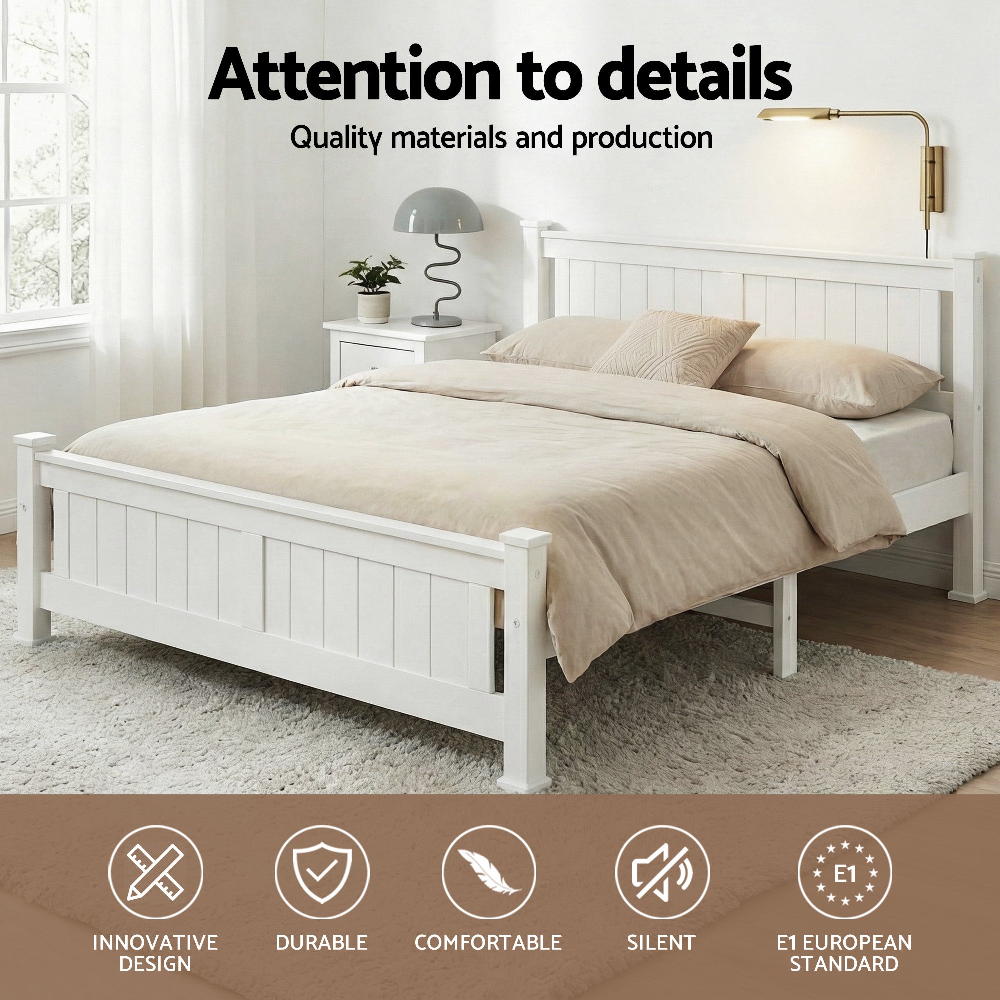 Double Size Bed Frame Wooden Construction White