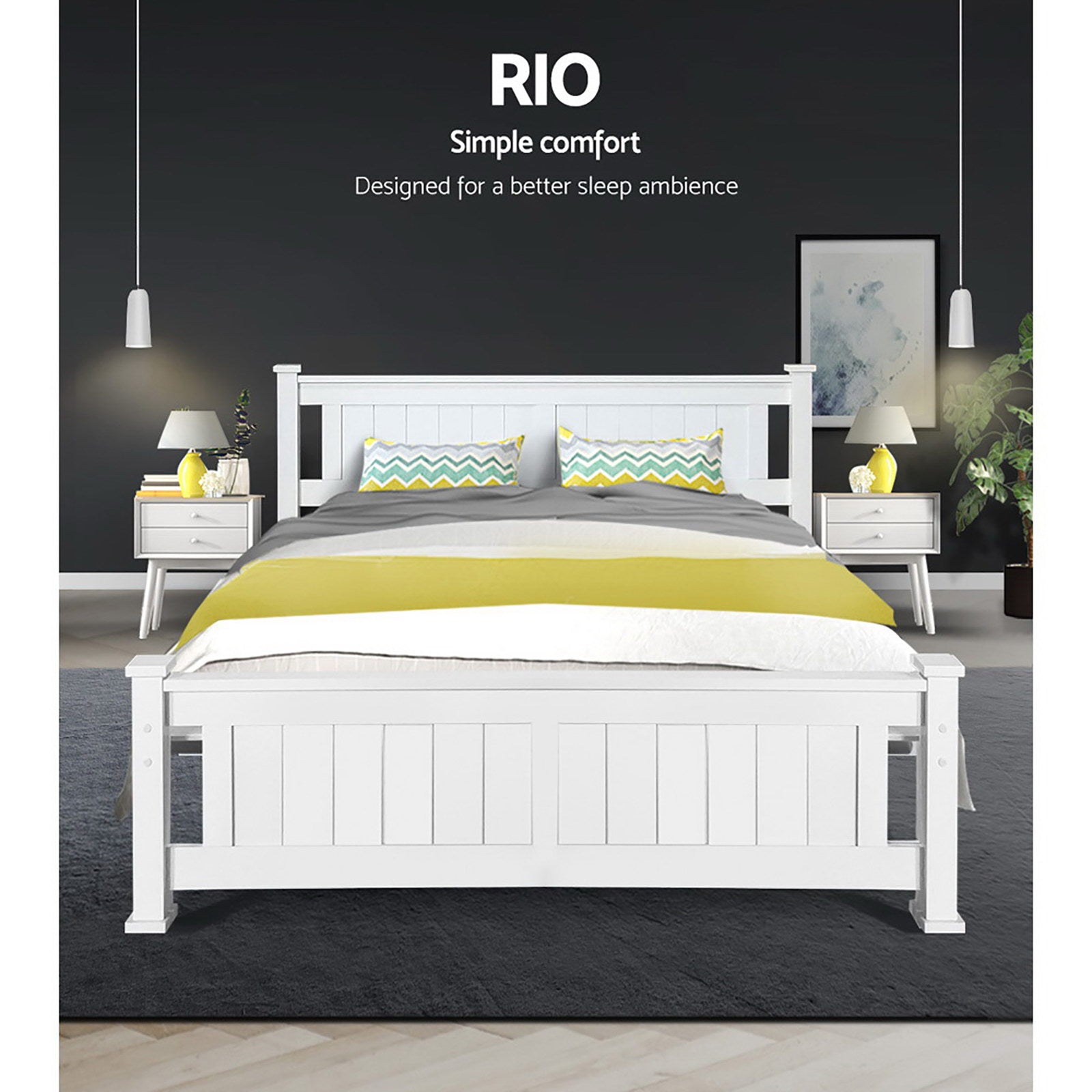 Queen Wooden Bed Frame White with Sturdy Slats