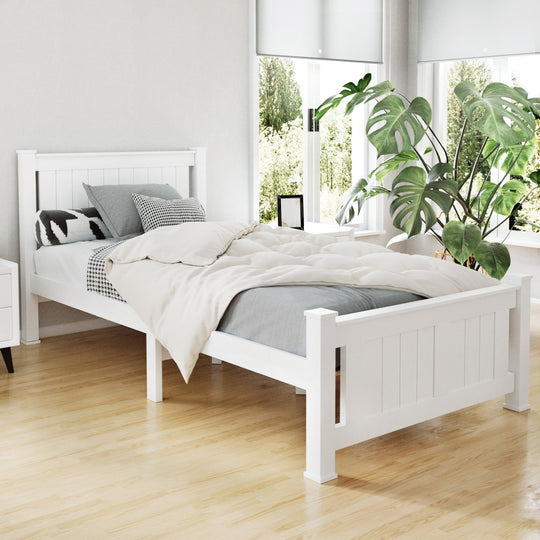 Bed Frame Single Size Wooden Construction White - Beds & Bed Frames