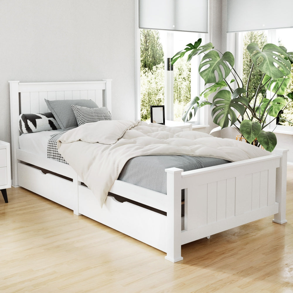 Single Wooden Bed Frame Rio Pine White with 2 Storage Drawers