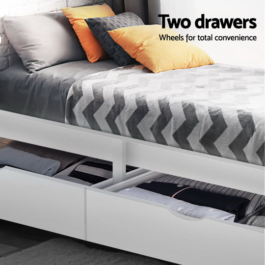 Single Wooden Bed Frame Rio Pine White with 2 Storage Drawers - Timber Size Kids Adults