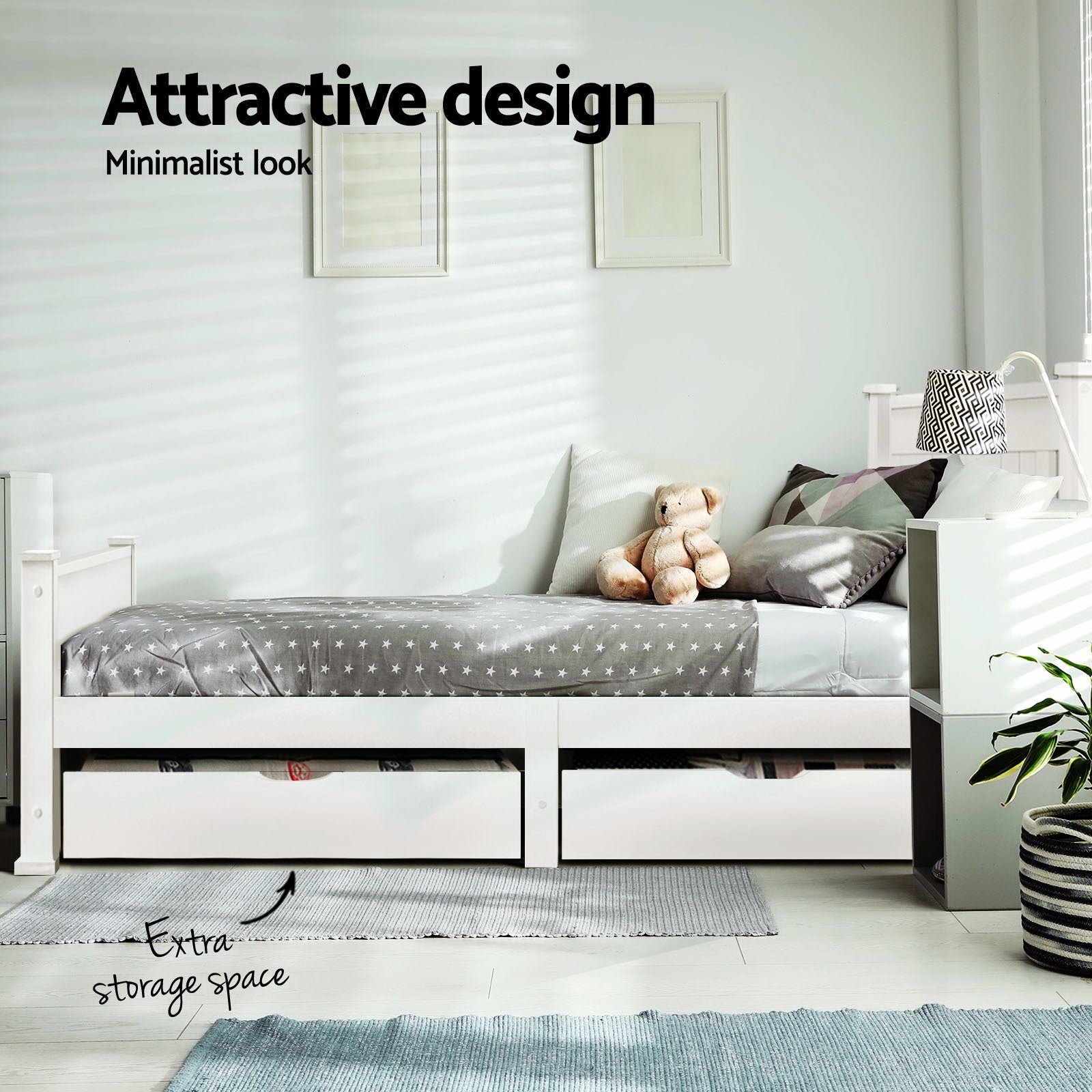 Single Wooden Bed Frame Rio Pine White with 2 Storage Drawers