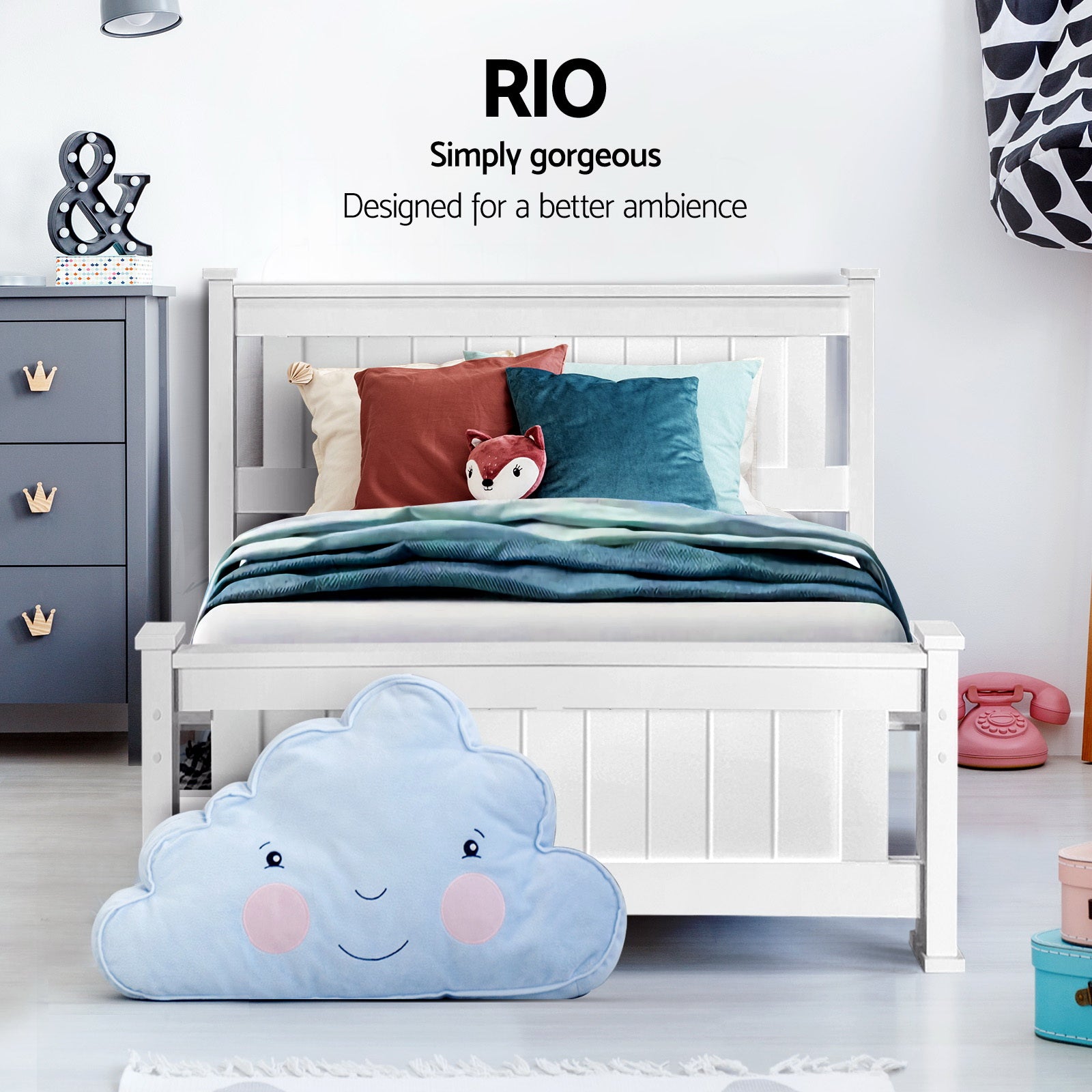 Single Wooden Bed Frame Rio Pine White with 2 Storage Drawers