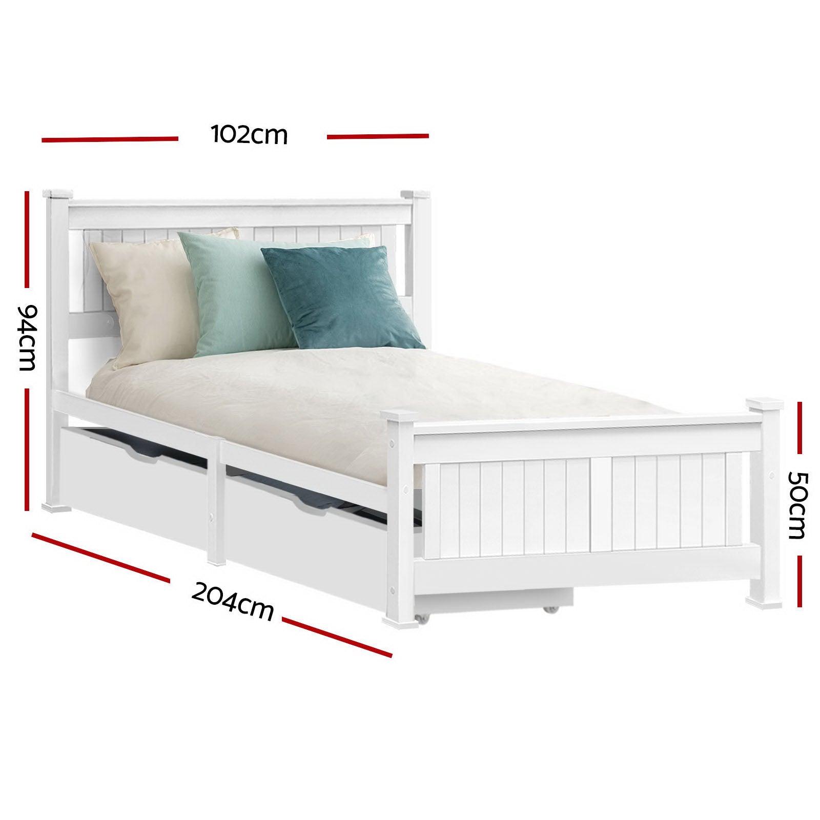 Single Wooden Bed Frame Rio Pine White with 2 Storage Drawers