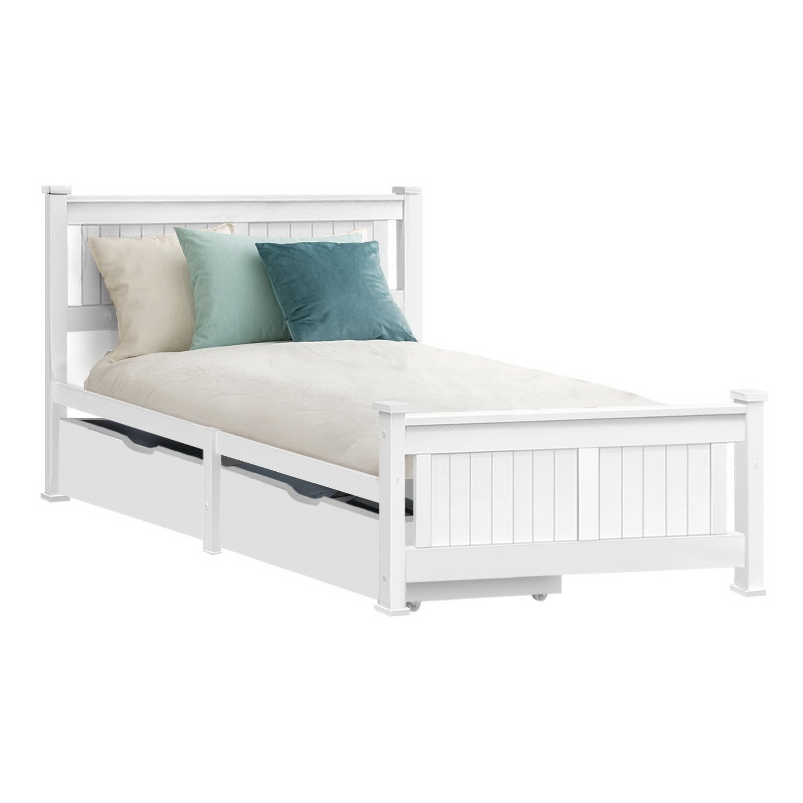 Single Wooden Bed Frame Rio Pine White with 2 Storage Drawers