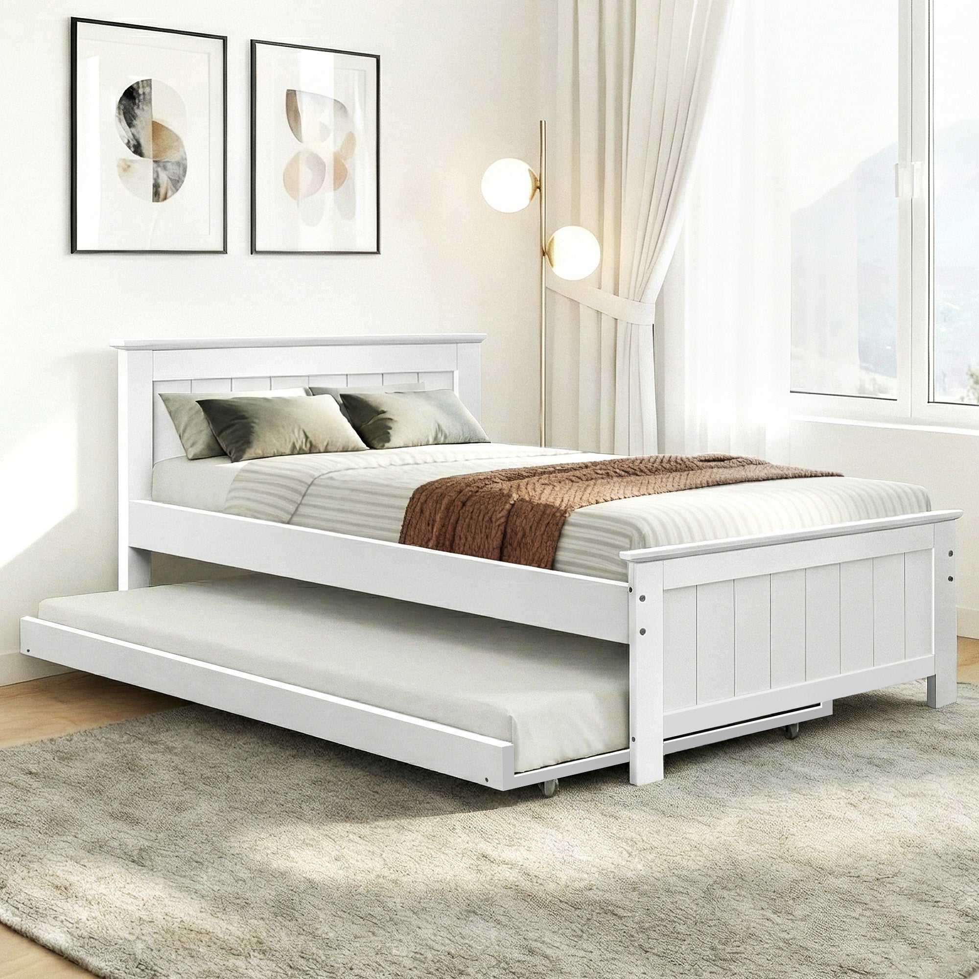 King Single Wooden Trundle Bed Frame White with Storage Slats