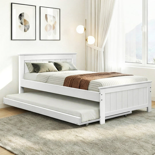 King Single - King Single Wooden Trundle Bed Frame White with Storage Slats