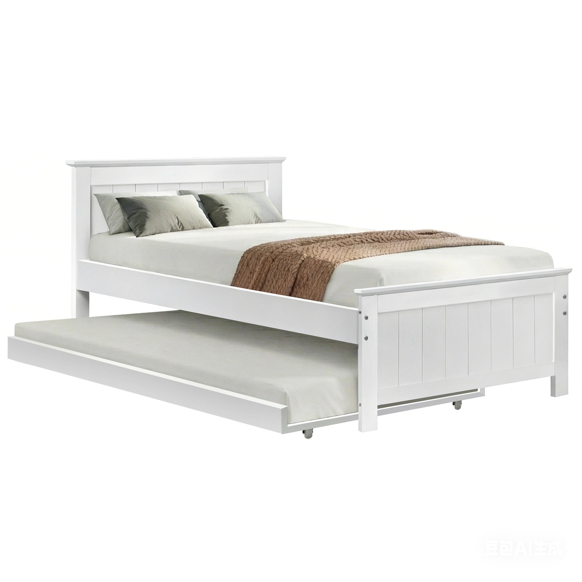 King Single Wooden Trundle Bed Frame White with Storage Slats