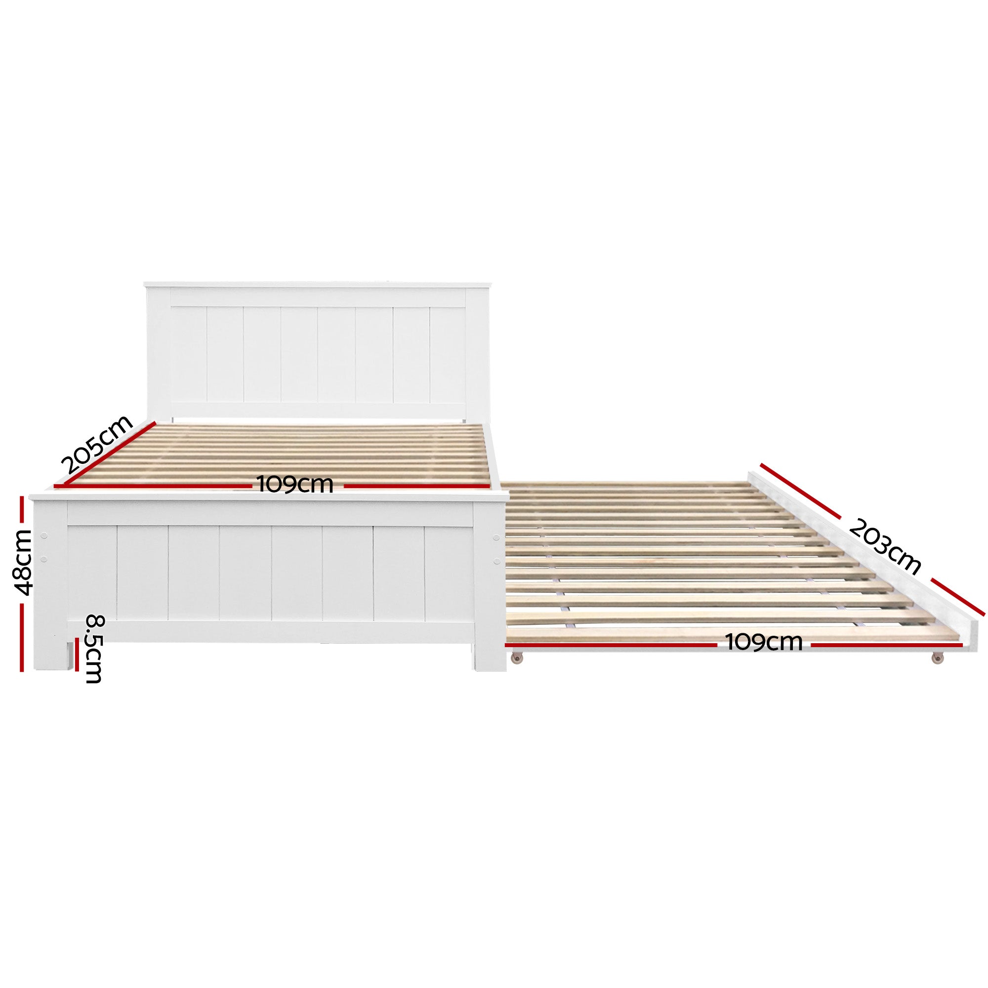 King Single Wooden Trundle Bed Frame White with Storage Slats