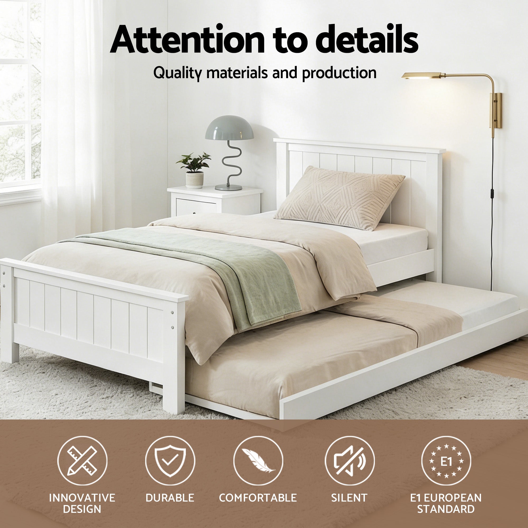 King Single Wooden Trundle Bed Frame White with Storage Slats