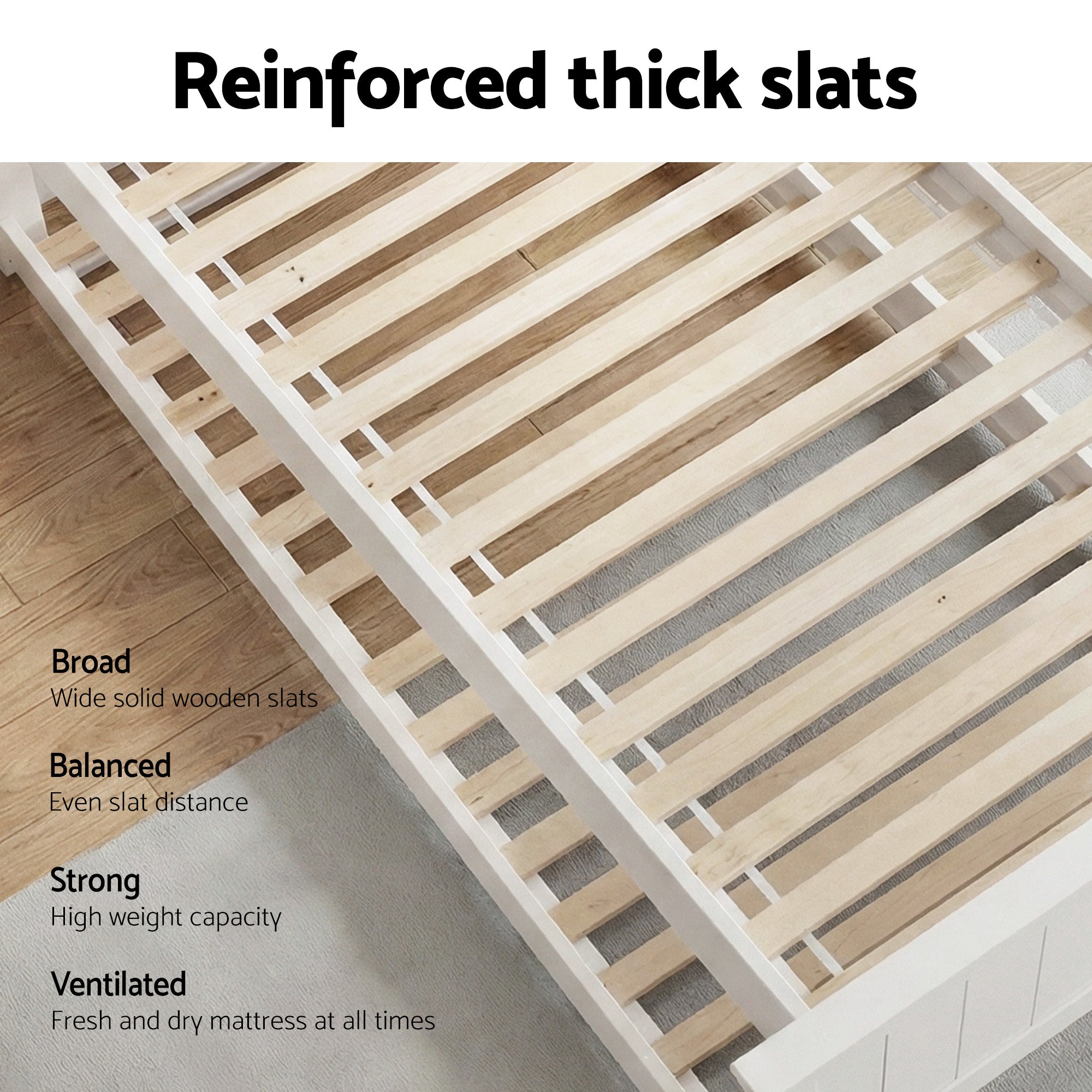 King Single Wooden Trundle Bed Frame White with Storage Slats