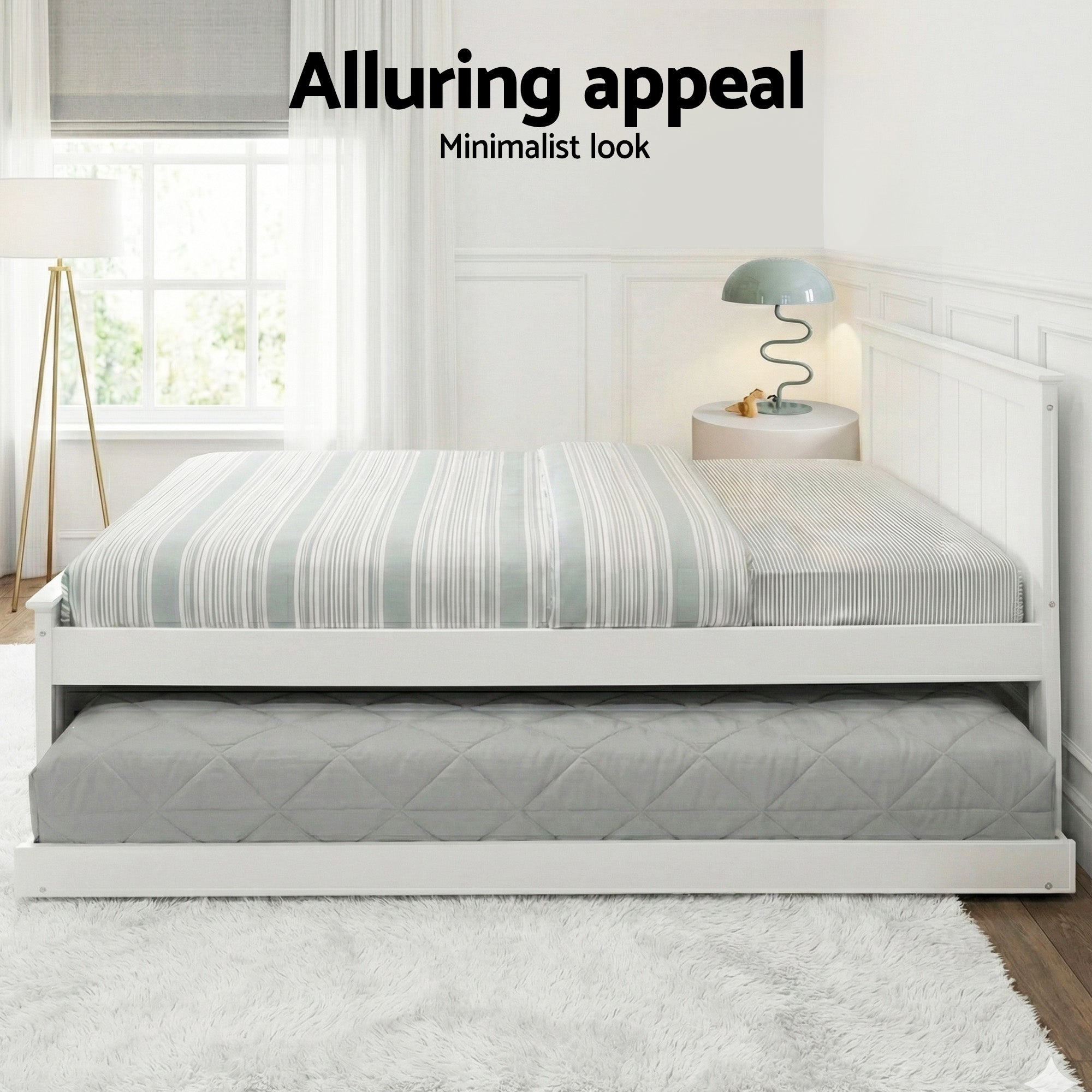 King Single Wooden Trundle Bed Frame White with Storage Slats