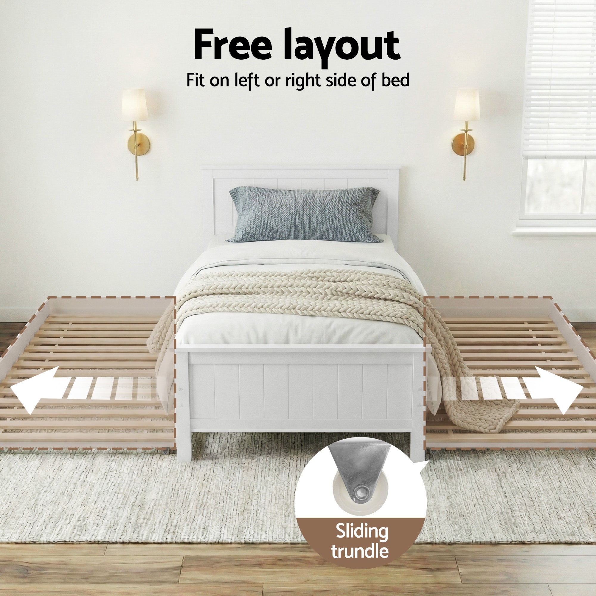 King Single Wooden Trundle Bed Frame White with Storage Slats