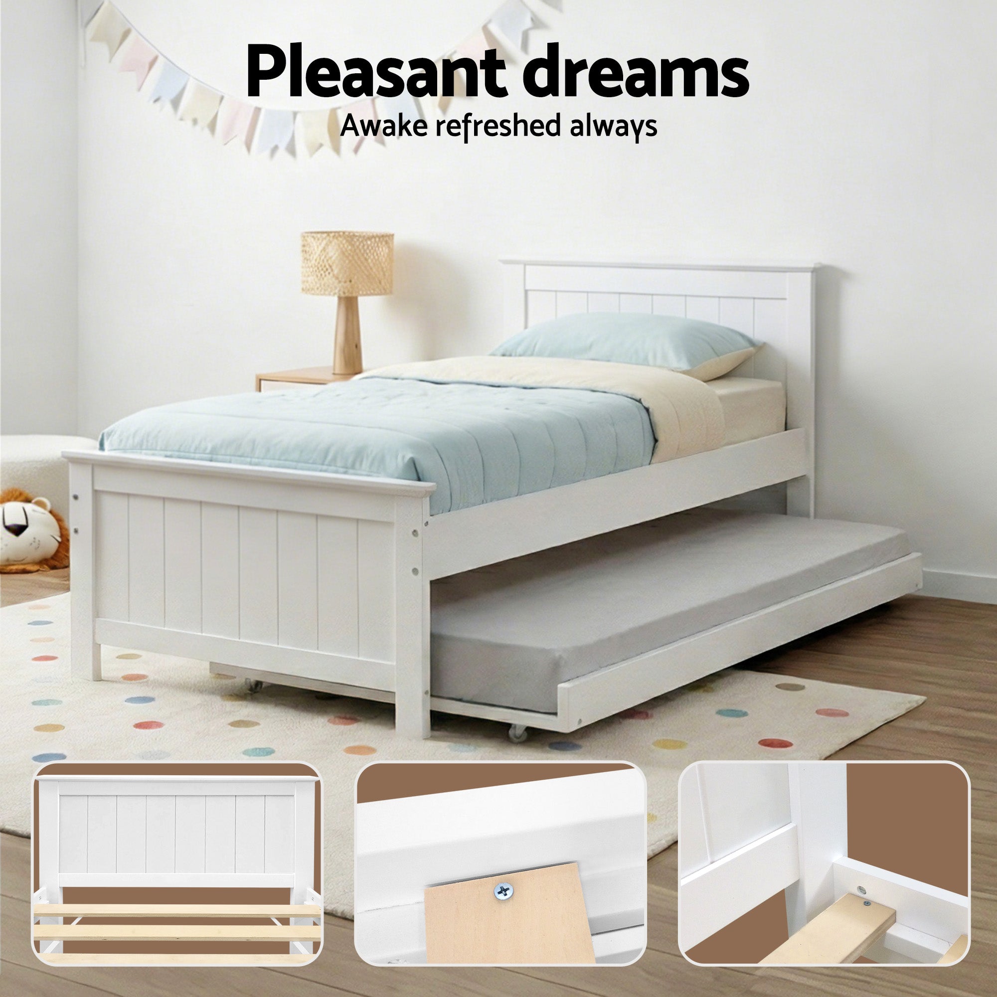 King Single Wooden Trundle Bed Frame White with Storage Slats