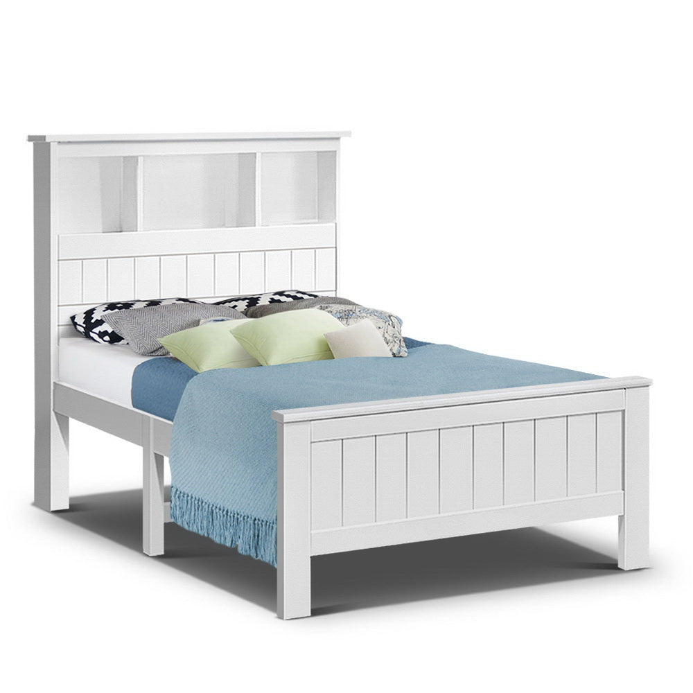 Bed Frame King Single Size Wooden With 3 Shelves Headboard White