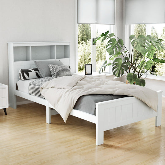 Beds & Bed Frames - Bed Frame King Single Size Wooden With 3 Shelves Headboard White