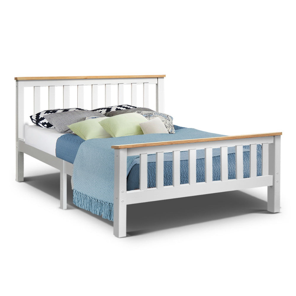 Bed Frame Double Solid Pine Wooden White Two-Tone with Plywood Slats