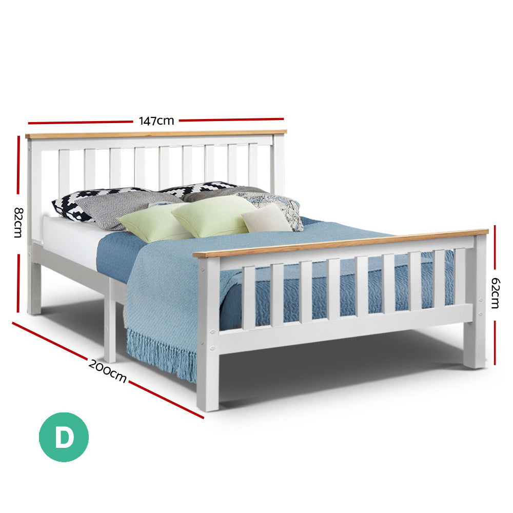 Bed Frame Double Solid Pine Wooden White Two-Tone with Plywood Slats